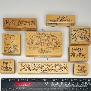 "Happy Birthday" in Many Fonts Wooden Rubber Stamps- Large Nine Piece Lot